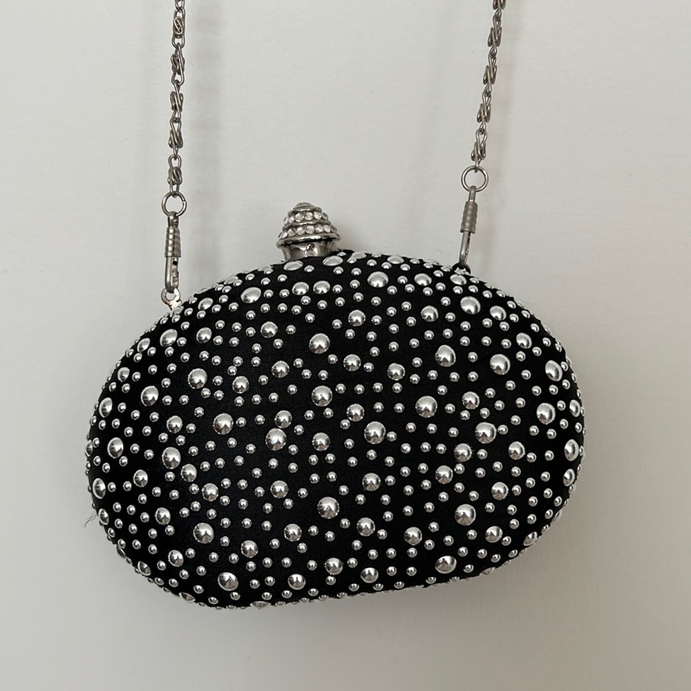 Satin studded evening bag with detachable chain